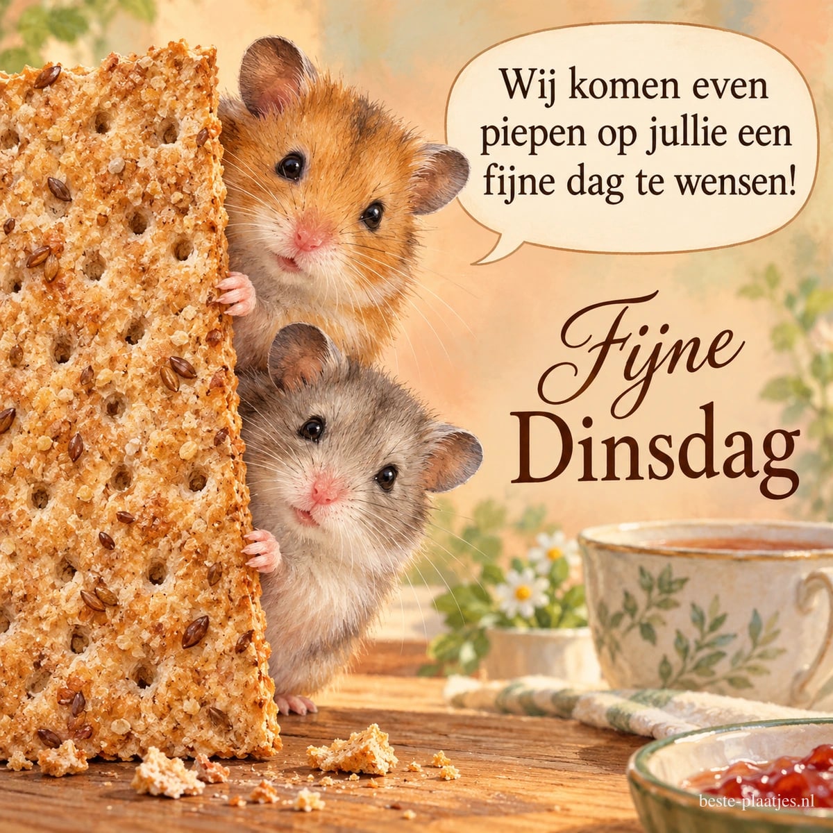 Twee hamsters gluren achter een grote cracker vandaan op een houten tafel met thee en jam, naast een tekstballon en de groet Fijne Dinsdag. Twee hamsters gluren achter een grote cracker vandaan op een houten tafel met thee en jam, naast een tekstballon en de groet Fijne Dinsdag.