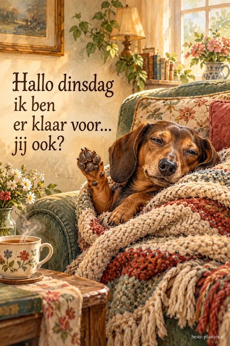 Een hondje zwaait vanuit een fietsmand langs een gracht in de herfst, met de tekst Hallo dinsdag ik ben er klaar voor... jij ook?