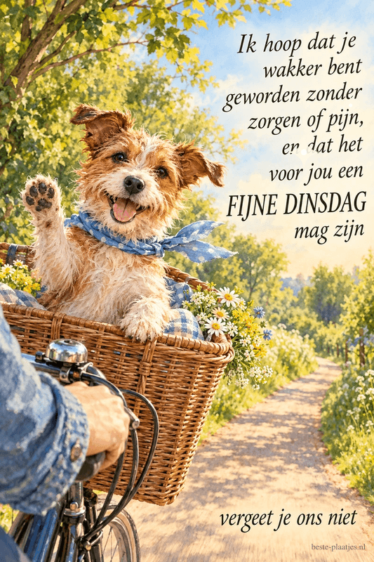 Een hondje met een blauwe halsdoek steekt zijn poot op vanuit een fietsmand, naast een wens voor een FIJNE DINSDAG.