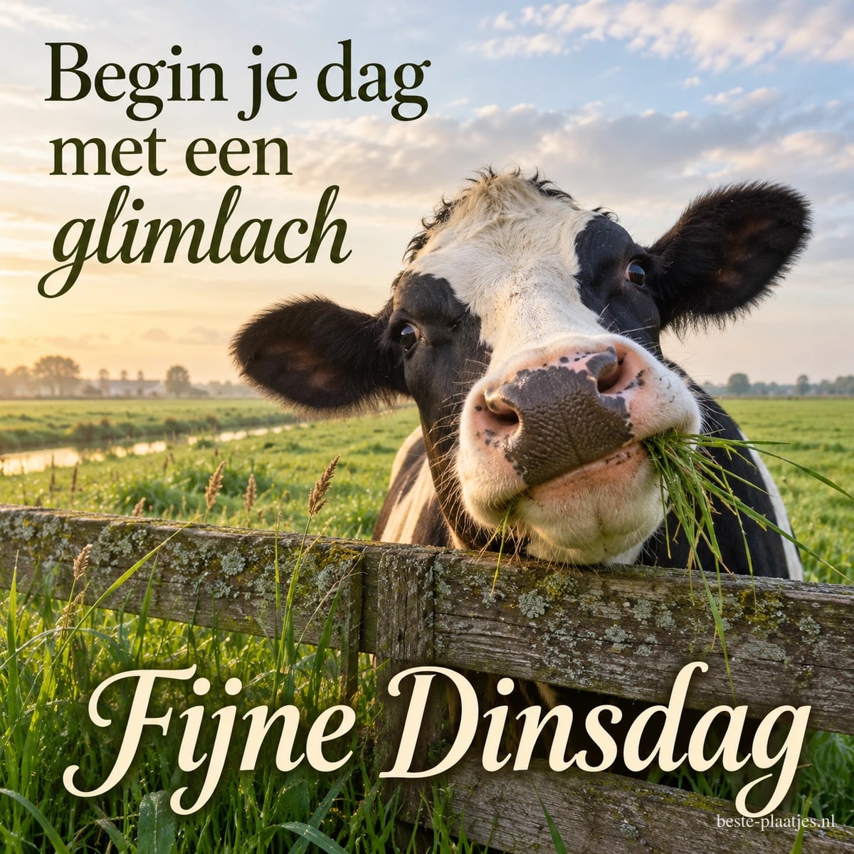 Een zwartbonte koe steekt haar kop over een houten hek met gras in haar bek, met de tekst Begin je dag met een glimlach Fijne Dinsdag.