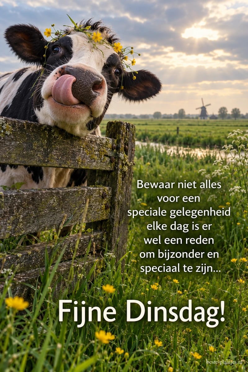 Een zwart-witte koe met bloemen op haar kop likt haar neus boven een houten hek, met een molen op de achtergrond en de groet Fijne Dinsdag!