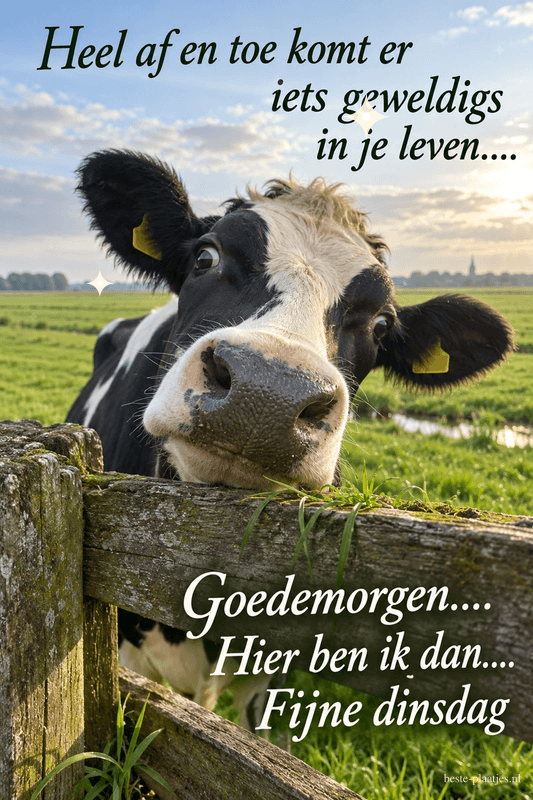 Een koe leunt over een houten hek in een groen weiland, met de tekst Goedemorgen.... Hier ben ik dan.... Fijne dinsdag.