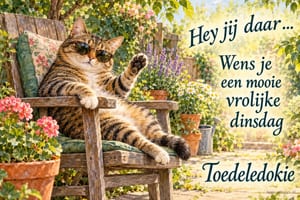 Een kat met zonnebril zwaait vanuit een tuinstoel in de zomer, met de tekst Hey jij daar... Wens je een mooie vrolijke dinsdag Toedeledokie.