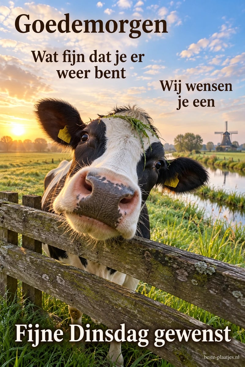 Een koe kijkt van dichtbij over een houten hek bij een sloot en molen, met de teksten Goedemorgen en Fijne Dinsdag gewenst.