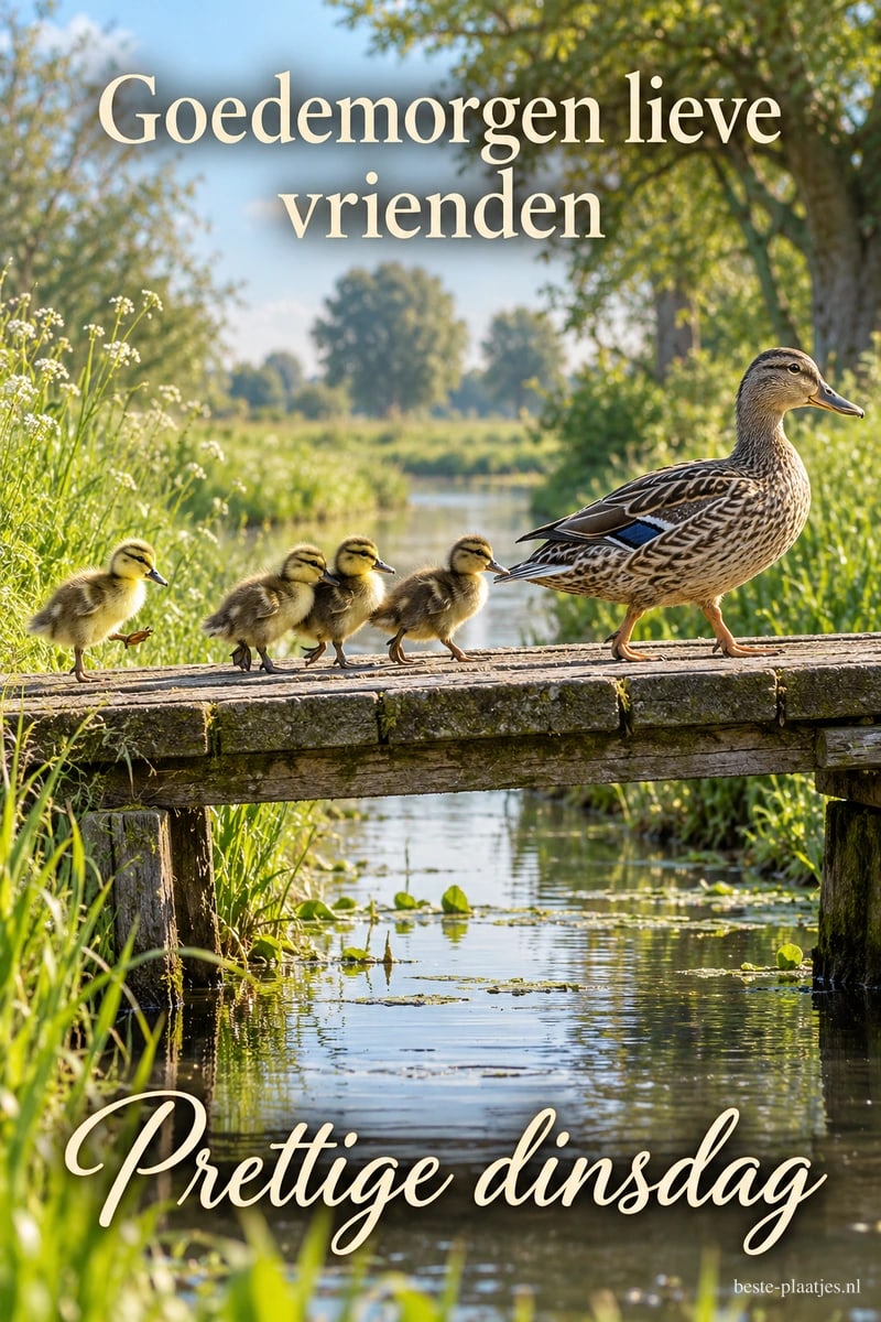 Een moedereend loopt met haar kuikens over een houten bruggetje in de lente, met de tekst Goedemorgen lieve vrienden en Prettige dinsdag. Een moedereend loopt met haar kuikens over een houten bruggetje in de lente, met de tekst Goedemorgen lieve vrienden en Prettige dinsdag.