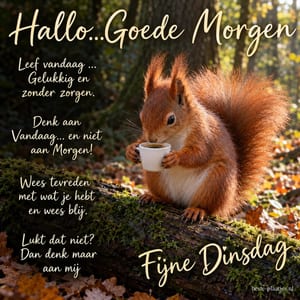 Een rode eekhoorn drinkt uit een wit kopje op een bemoste boomstam in de herfst, naast een versje en de groet Fijne Dinsdag.