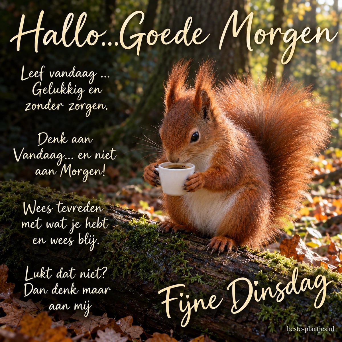 Een rode eekhoorn drinkt uit een wit kopje op een bemoste boomstam in de herfst, naast een versje en de groet Fijne Dinsdag.