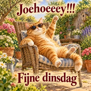 Een rode kat met zonnebril zwaait vanuit een rieten stoel tussen de bloemen in de zomer, met de tekst Joehoeeey!!! Fijne dinsdag.