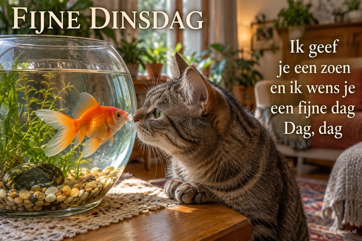 Een gestreepte kat kijkt van dichtbij naar een goudvis in een ronde vissenkom op tafel, met de tekst Fijne Dinsdag.