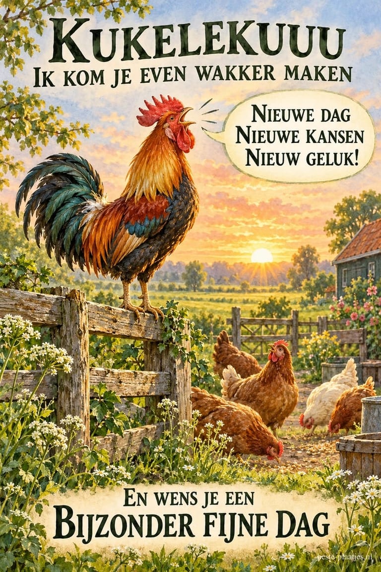 Een kleurrijke haan kraait op een houten hek bij zonsopkomst, terwijl kippen rondscharrelen, met de wens BIJZONDER FIJNE DAG.