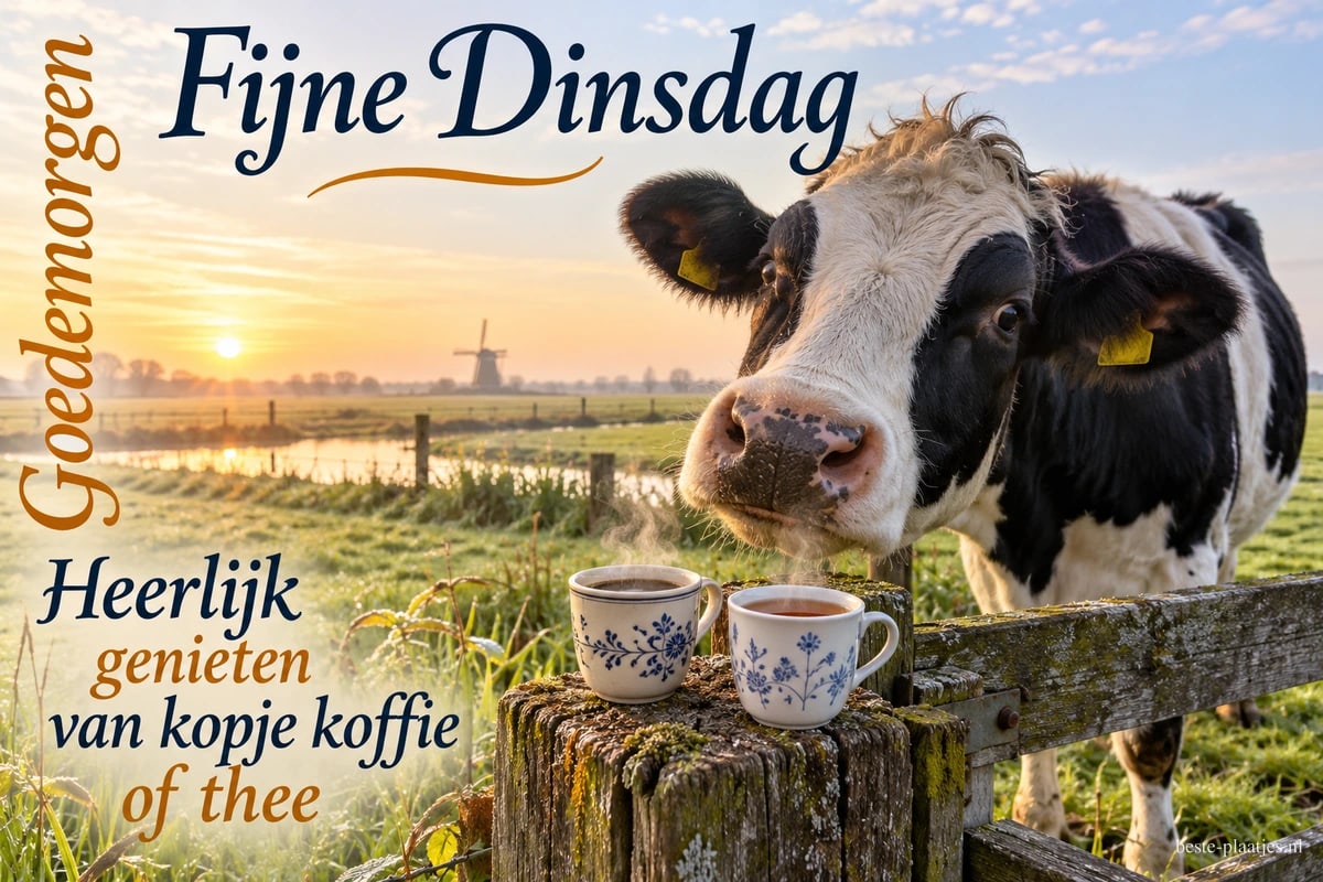 Een zwartbonte koe kijkt over een hek naar twee versierde kopjes, met een molen op de achtergrond en de groeten Fijne Dinsdag en Goedemorgen.
