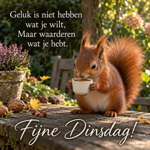 Een eekhoorn drinkt koffie in de herfst, met de tekst 'Geluk is niet hebben wat je wilt, Maar waarderen wat je hebt. Fijne Dinsdag!'.