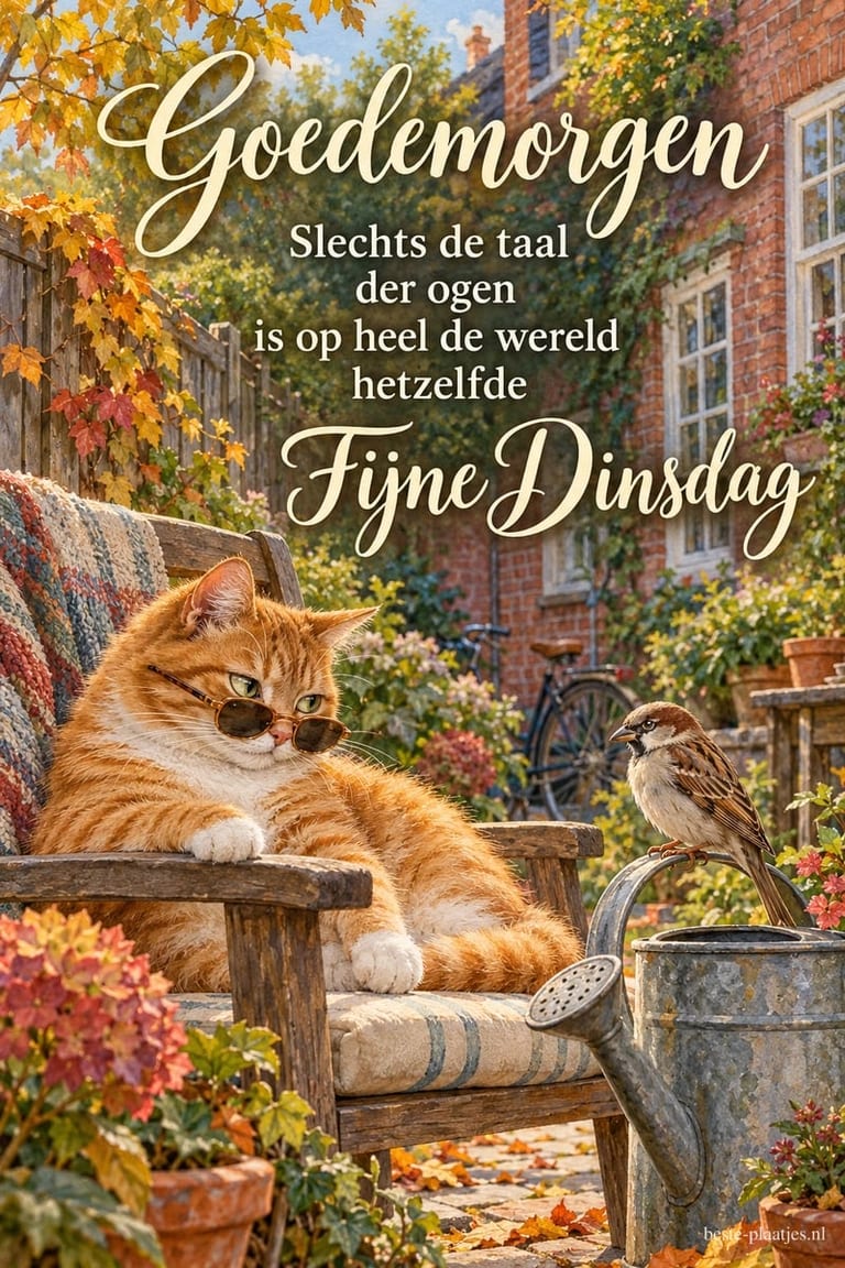 Een rode kat draagt een zonnebril naast een mus op een gieter in een tuin vol herfst, met de teksten Goedemorgen en Fijne Dinsdag.
