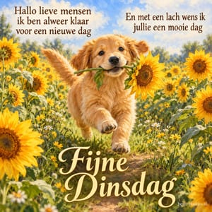 Een vrolijke golden retriever rent met een zonnebloem in zijn bek door een bloemenveld, met de tekst Fijne Dinsdag.