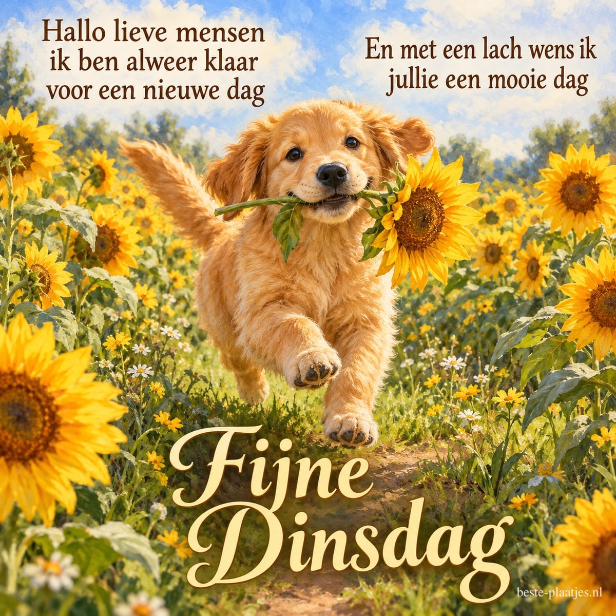 Een vrolijke golden retriever rent met een zonnebloem in zijn bek door een bloemenveld, met de tekst Fijne Dinsdag.