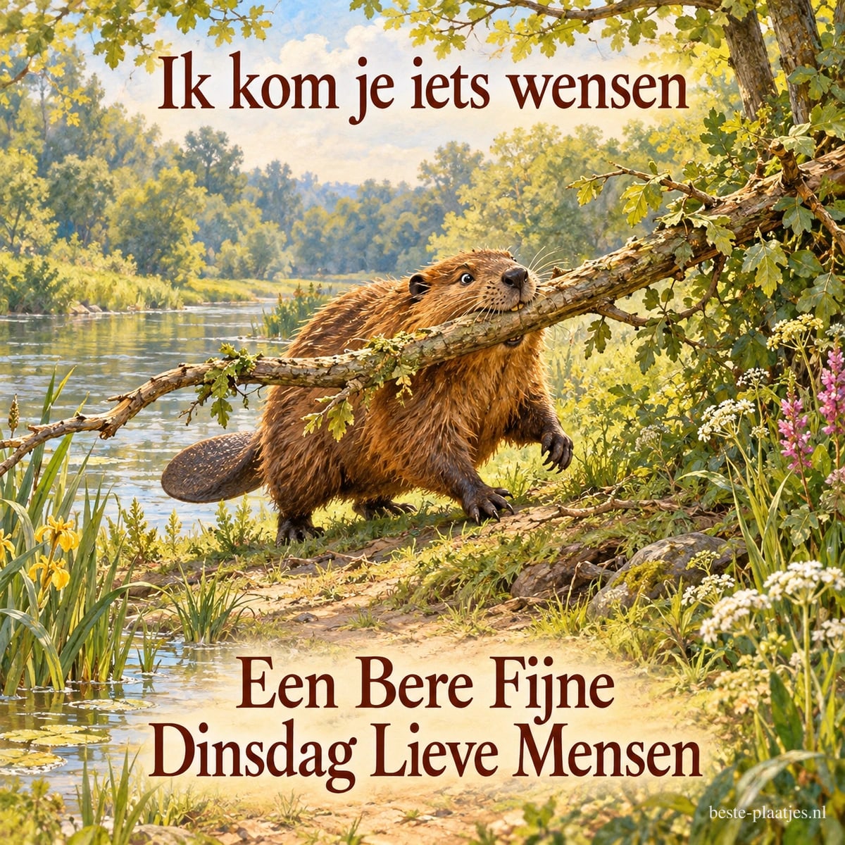 Een bever draagt een tak langs het water tussen bloemen en bomen, met de tekst Ik kom je iets wensen Een Bere Fijne Dinsdag Lieve Mensen.