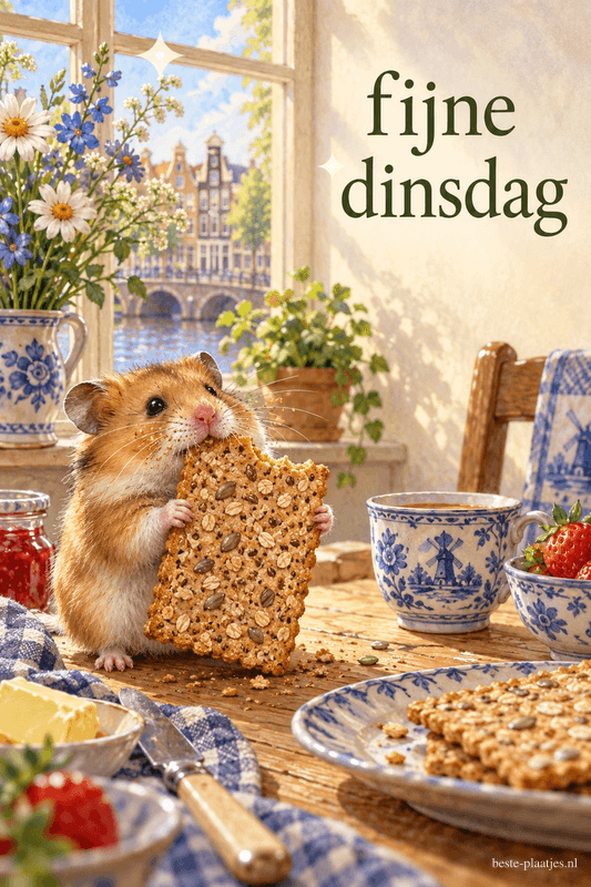 Een hamster houdt een grote zadencracker vast aan een ontbijttafel met aardbeien en blauw-wit servies, onder de tekst fijne dinsdag.