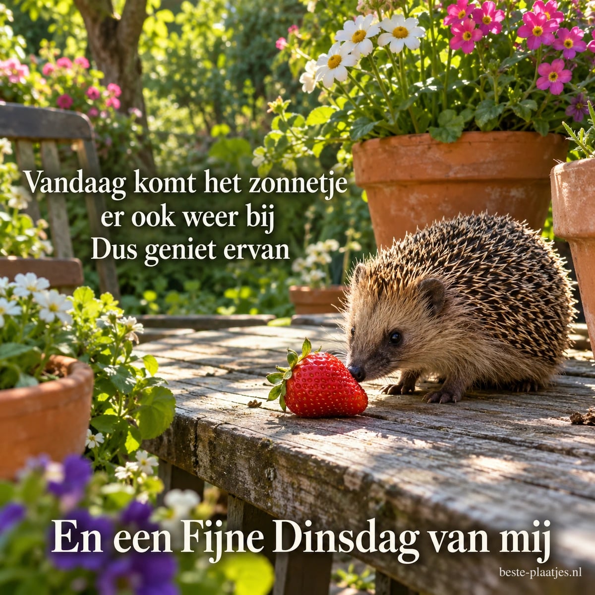 Een egel besnuffelt een aardbei op een houten tuintafel tussen bloempotten, met de wens En een Fijne Dinsdag van mij.