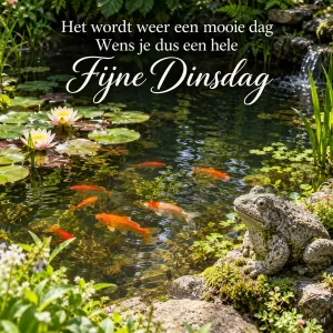 Een tuinvijver met waterlelies, goudvissen en een stenen kikker bij een klein watervalletje, met de tekst Het wordt weer een mooie dag, Wens je dus een hele Fijne Dinsdag.