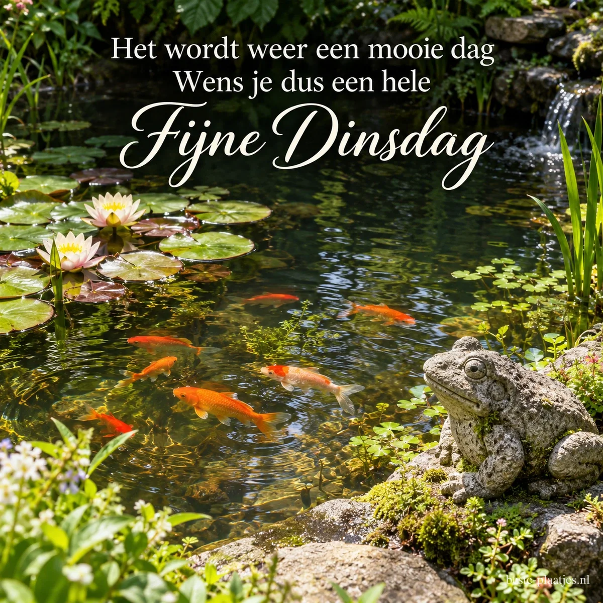 Een tuinvijver met waterlelies, goudvissen en een stenen kikker bij een klein watervalletje, met de tekst Het wordt weer een mooie dag, Wens je dus een hele Fijne Dinsdag. Een tuinvijver met waterlelies, goudvissen en een stenen kikker bij een klein watervalletje, met de tekst Het wordt weer een mooie dag, Wens je dus een hele Fijne Dinsdag.