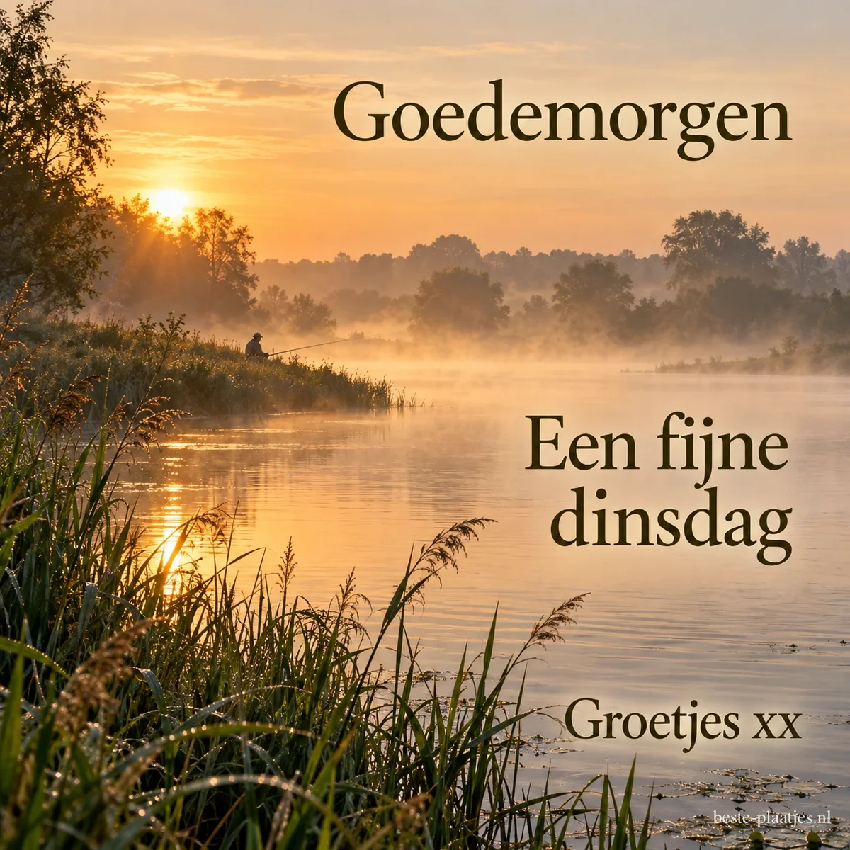 De opkomende zon verlicht een mistig meer met een visser tussen het riet, naast de teksten Goedemorgen en Een fijne dinsdag. De opkomende zon verlicht een mistig meer met een visser tussen het riet, naast de teksten Goedemorgen en Een fijne dinsdag.