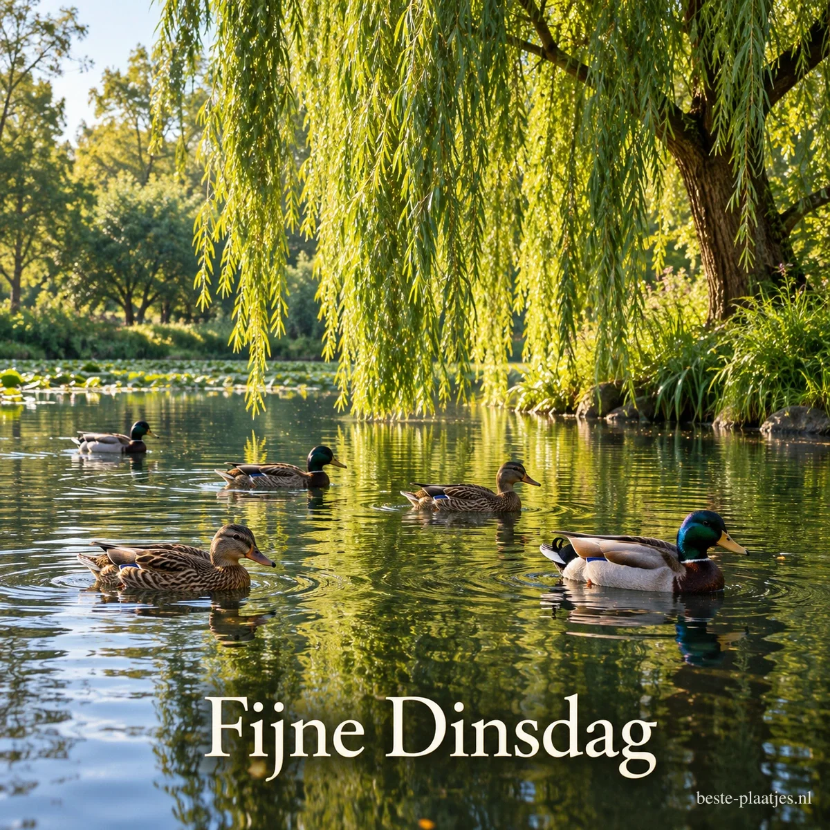 Vijf eenden zwemmen op een rustige vijver onder een treurwilg, waar zonlicht op het water valt, met onderaan de tekst Fijne Dinsdag. Vijf eenden zwemmen op een rustige vijver onder een treurwilg, waar zonlicht op het water valt, met onderaan de tekst Fijne Dinsdag.