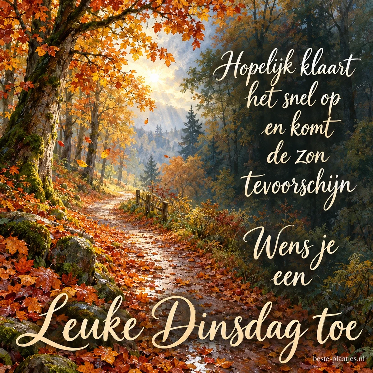 Een bospad met gevallen bladeren loopt in de herfst langs een houten hek, met de tekst Wens je een Leuke Dinsdag toe. Een bospad met gevallen bladeren loopt in de herfst langs een houten hek, met de tekst Wens je een Leuke Dinsdag toe.