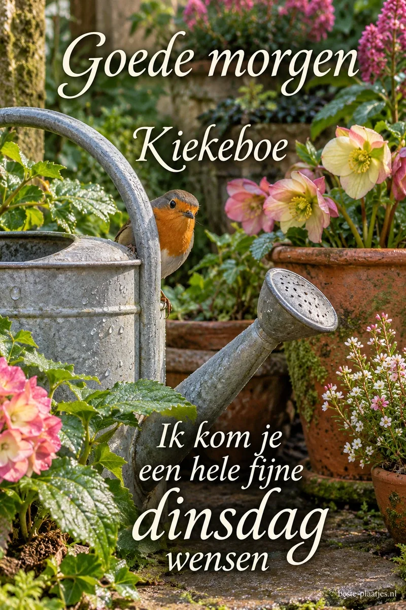 Een roodborstje kijkt achter een metalen gieter tussen bloeiende planten vandaan, met de tekst Goede morgen Kiekeboe Ik kom je een hele fijne dinsdag wensen. Een roodborstje kijkt achter een metalen gieter tussen bloeiende planten vandaan, met de tekst Goede morgen Kiekeboe Ik kom je een hele fijne dinsdag wensen.