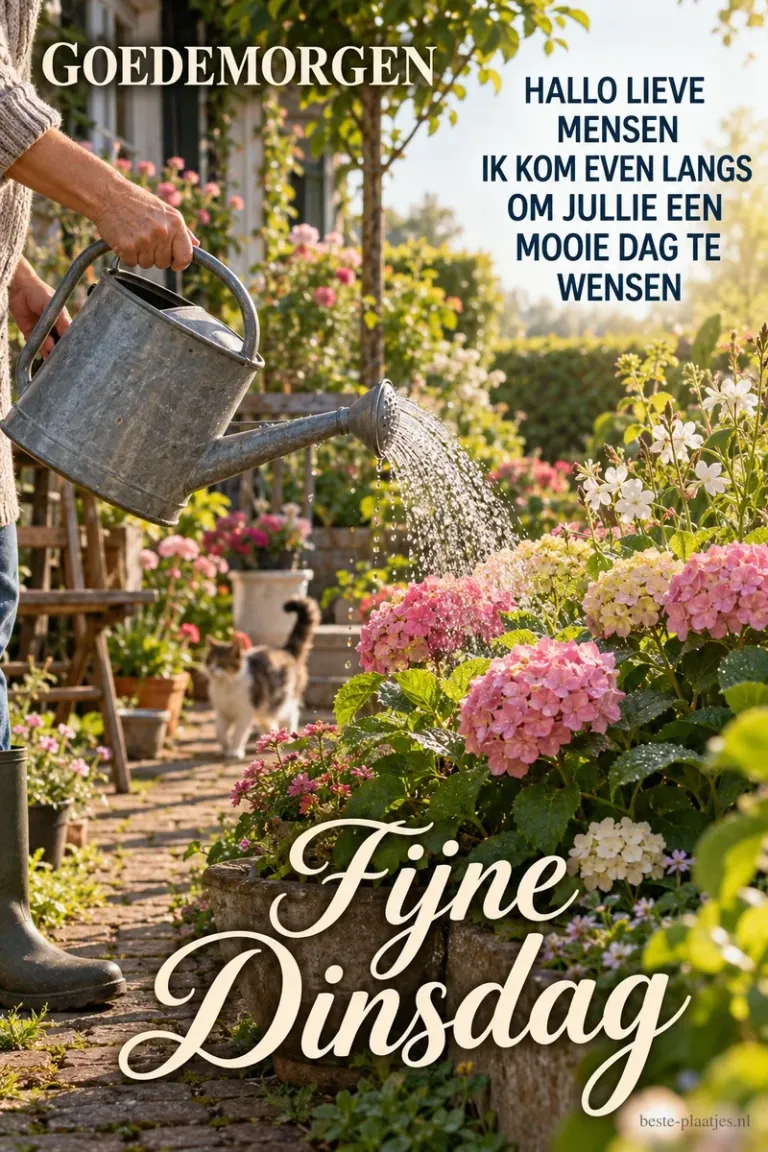 Iemand geeft bloeiende hortensia's water terwijl een kat over het tuinpad loopt in de zomer, met de groeten GOEDEMORGEN en Fijne Dinsdag.