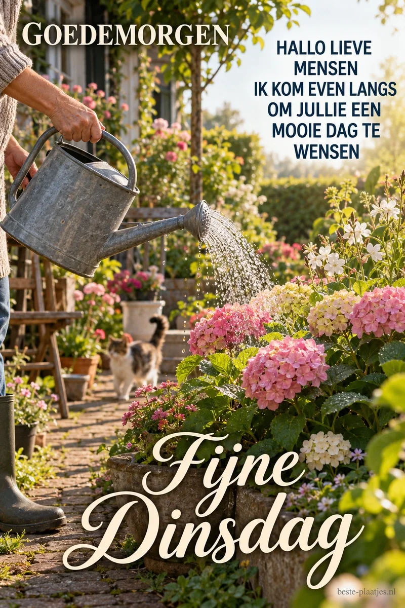 Iemand geeft bloeiende hortensia's water terwijl een kat over het tuinpad loopt in de zomer, met de groeten GOEDEMORGEN en Fijne Dinsdag. Iemand geeft bloeiende hortensia's water terwijl een kat over het tuinpad loopt in de zomer, met de groeten GOEDEMORGEN en Fijne Dinsdag.