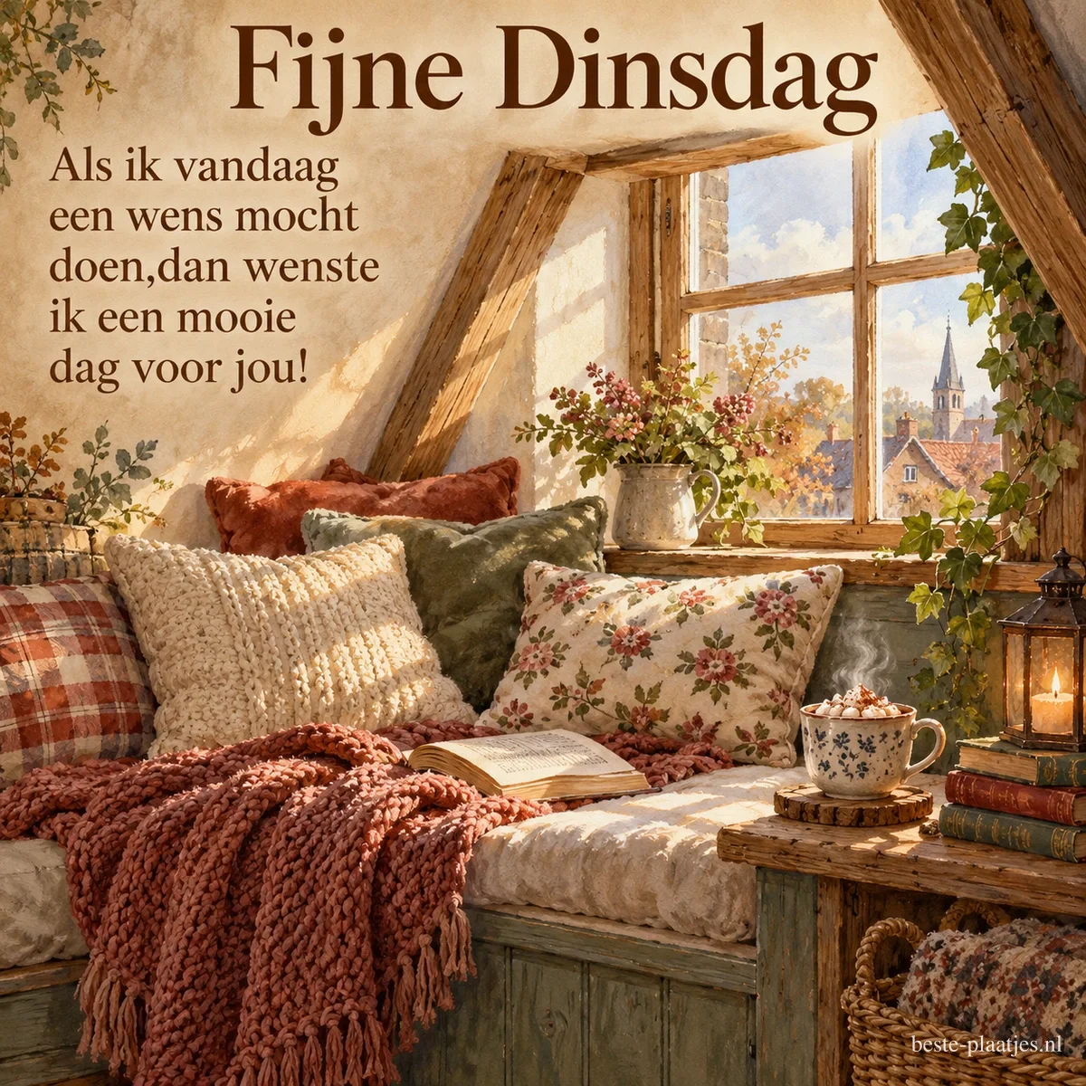 Een knusse zitbank onder een zolderraam met kussens, een plaid, een boek en een beker chocolademelk, met de tekst Fijne Dinsdag en Als ik vandaag een wens mocht doen, dan wenste ik een mooie dag voor jou! Een knusse zitbank onder een zolderraam met kussens, een plaid, een boek en een beker chocolademelk, met de tekst Fijne Dinsdag en Als ik vandaag een wens mocht doen, dan wenste ik een mooie dag voor jou!