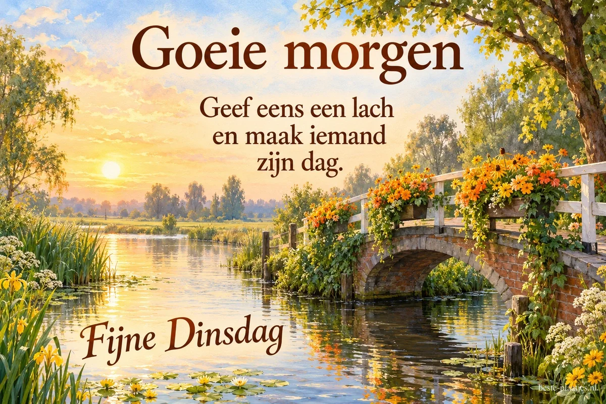 Een stenen boogbrug met bloembakken overspant water met waterlelies bij zonsopkomst, met de teksten Goeie morgen en Fijne Dinsdag. Een stenen boogbrug met bloembakken overspant water met waterlelies bij zonsopkomst, met de teksten Goeie morgen en Fijne Dinsdag.