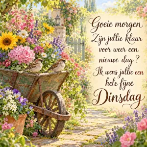 Twee mussen zitten op een oude kruiwagen tussen tuinbloemen en een zonnebloem, naast de tekst Goeie morgen en een wens voor Dinsdag.