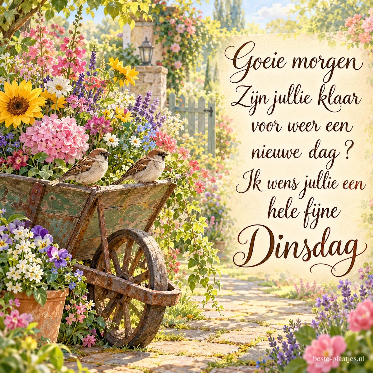 Twee mussen zitten op een oude kruiwagen tussen tuinbloemen en een zonnebloem, naast de tekst Goeie morgen en een wens voor Dinsdag. Twee mussen zitten op een oude kruiwagen tussen tuinbloemen en een zonnebloem, naast de tekst Goeie morgen en een wens voor Dinsdag.