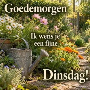 Een zinken gieter staat tussen margrieten en roze bloemen naast een stenen tuinpad, met de tekst Goedemorgen Ik wens je een fijne Dinsdag!
