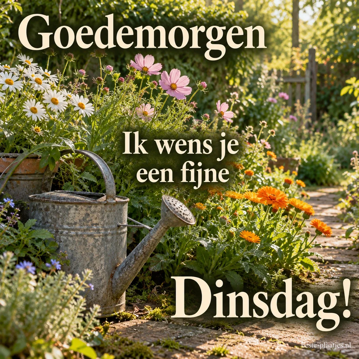 Een zinken gieter staat tussen margrieten en roze bloemen naast een stenen tuinpad, met de tekst Goedemorgen Ik wens je een fijne Dinsdag! Een zinken gieter staat tussen margrieten en roze bloemen naast een stenen tuinpad, met de tekst Goedemorgen Ik wens je een fijne Dinsdag!