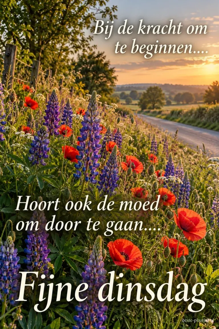Paarse lupinen en rode klaprozen groeien in de zomer langs een landweg bij een gouden zonsondergang, met onderaan de tekst Fijne dinsdag.