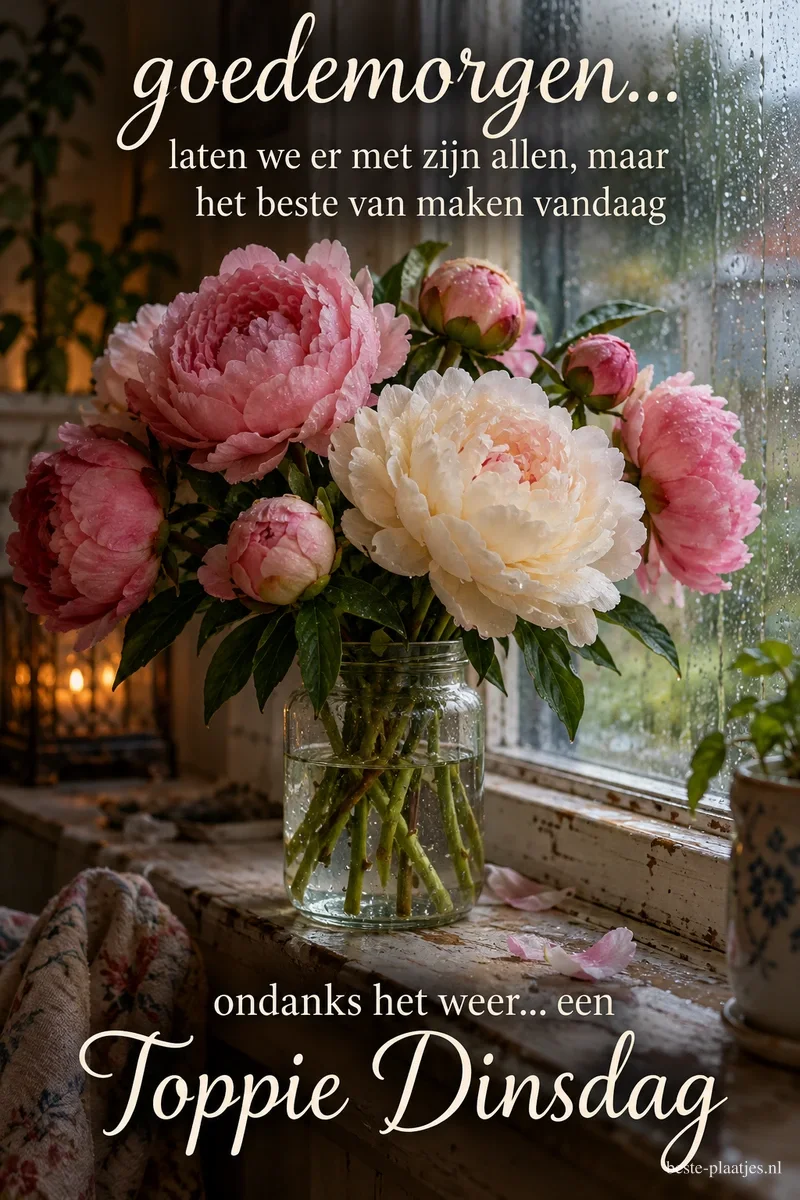 Een glazen vaas met roze en witte pioenrozen staat voor een raam vol regendruppels, met bovenaan goedemorgen... en onderaan Toppie Dinsdag. Een glazen vaas met roze en witte pioenrozen staat voor een raam vol regendruppels, met bovenaan goedemorgen... en onderaan Toppie Dinsdag.