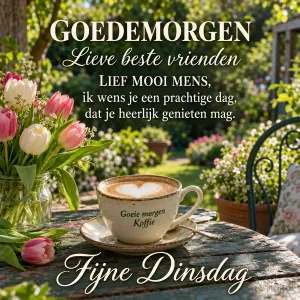 Een kop koffie met een melkhart staat naast een vaas met een roze tulp, met de tekst GOEDEMORGEN en Fijne Dinsdag.