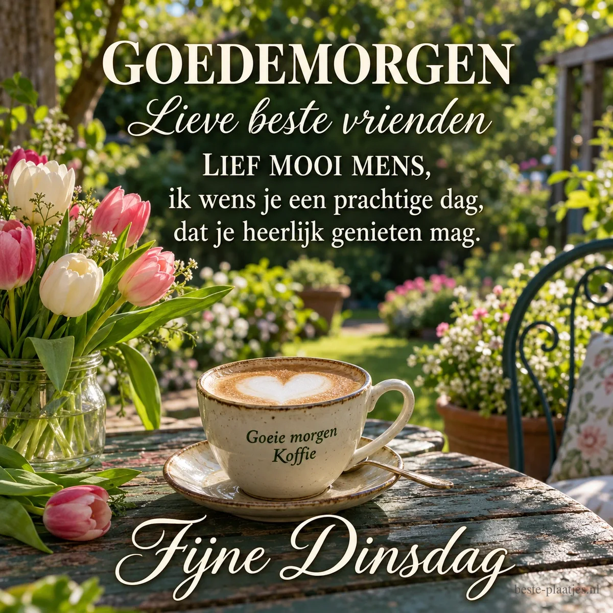 Een kop koffie met een melkhart staat naast een vaas met een roze tulp, met de tekst GOEDEMORGEN en Fijne Dinsdag. Een kop koffie met een melkhart staat naast een vaas met een roze tulp, met de tekst GOEDEMORGEN en Fijne Dinsdag.