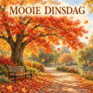 Een parkpad ligt in de herfst vol oranje bladeren naast een bankje en een vijver, onder de tekst MOOIE DINSDAG.