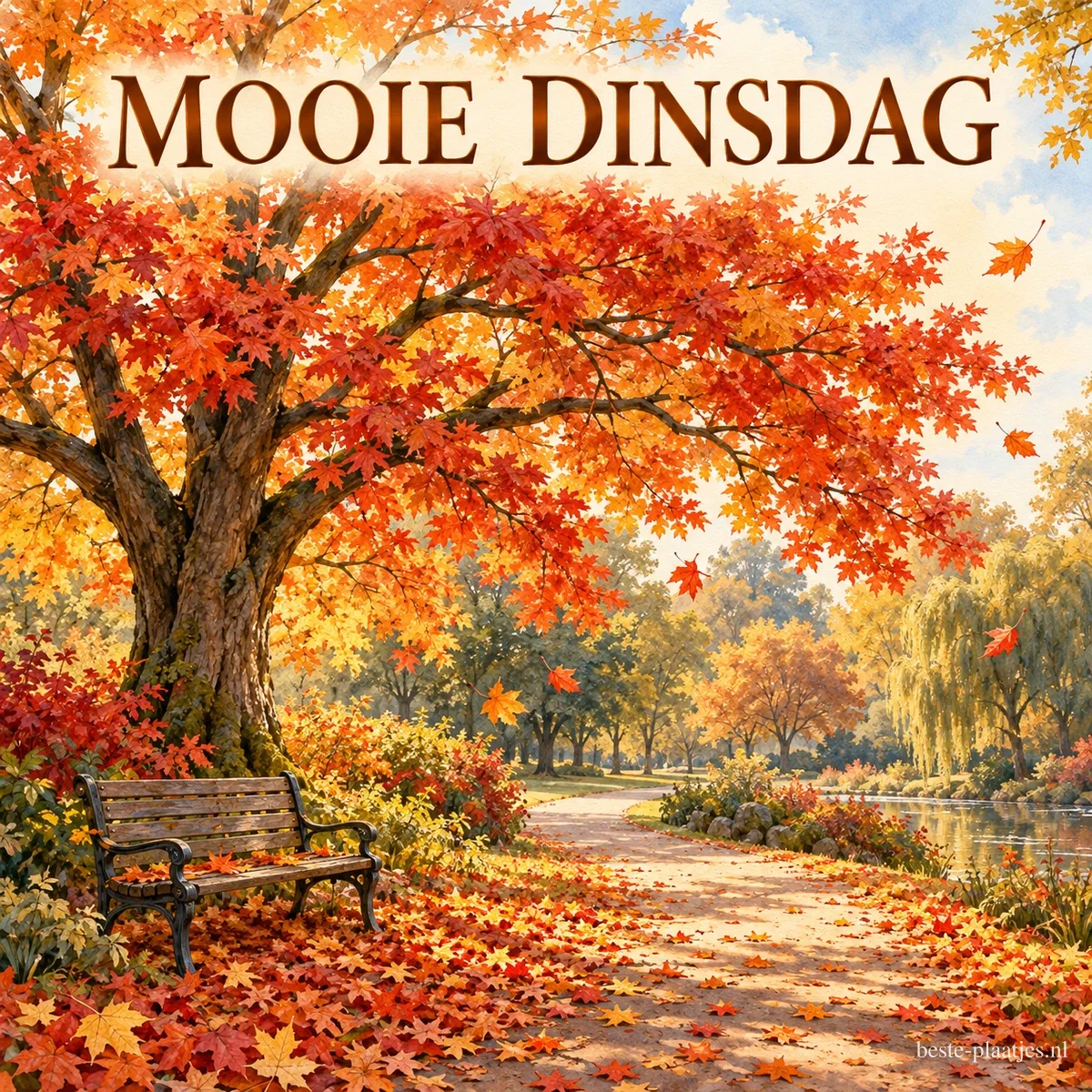 Een parkpad ligt in de herfst vol oranje bladeren naast een bankje en een vijver, onder de tekst MOOIE DINSDAG. Een parkpad ligt in de herfst vol oranje bladeren naast een bankje en een vijver, onder de tekst MOOIE DINSDAG.