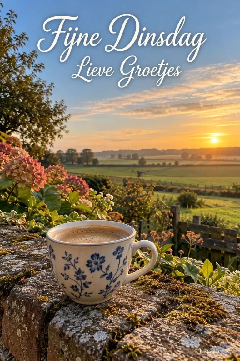 Een gebloemde koffiekop staat tussen hortensia's op een stenen muurtje met uitzicht over weilanden, onder de tekst Fijne Dinsdag Lieve Groetjes.