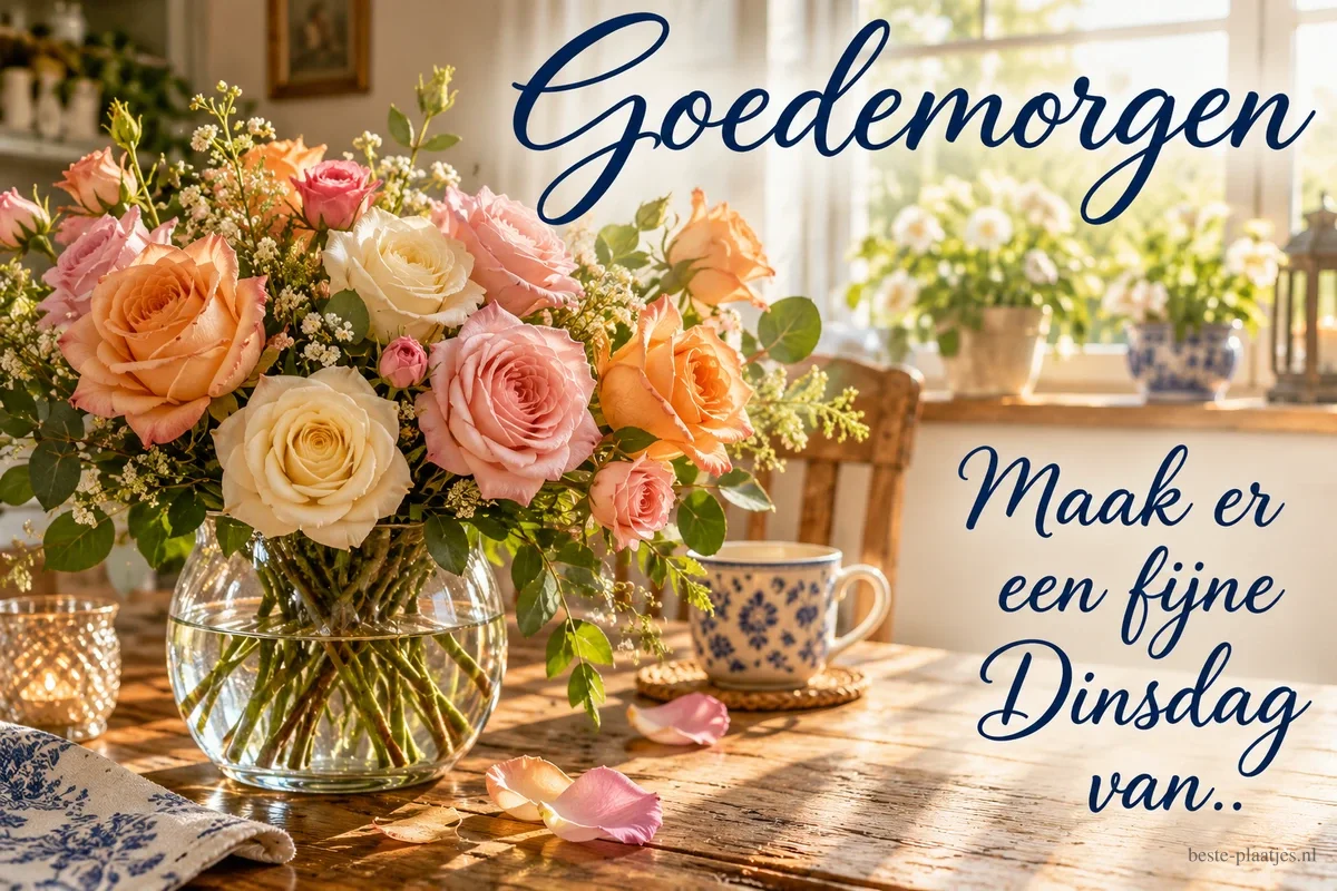 Roze, oranje en crèmekleurige rozen staan in een glazen vaas op een houten tafel, met de tekst Goedemorgen Maak er een fijne Dinsdag van.. Roze, oranje en crèmekleurige rozen staan in een glazen vaas op een houten tafel, met de tekst Goedemorgen Maak er een fijne Dinsdag van..