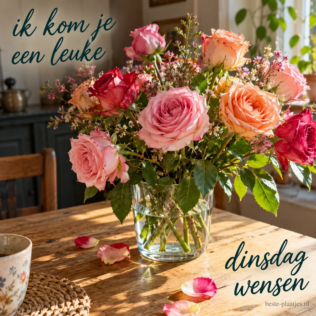 Een glazen vaas met roze, rode en oranje rozen staat op een zonnige houten tafel, met de tekst ik kom je een leuke dinsdag wensen. Een glazen vaas met roze, rode en oranje rozen staat op een zonnige houten tafel, met de tekst ik kom je een leuke dinsdag wensen.