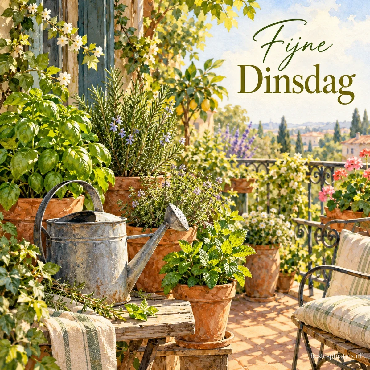 Potten met basilicum, rozemarijn en andere kruiden en een zinken gieter op een zonnig balkon, met de tekst Fijne Dinsdag. Potten met basilicum, rozemarijn en andere kruiden en een zinken gieter op een zonnig balkon, met de tekst Fijne Dinsdag.