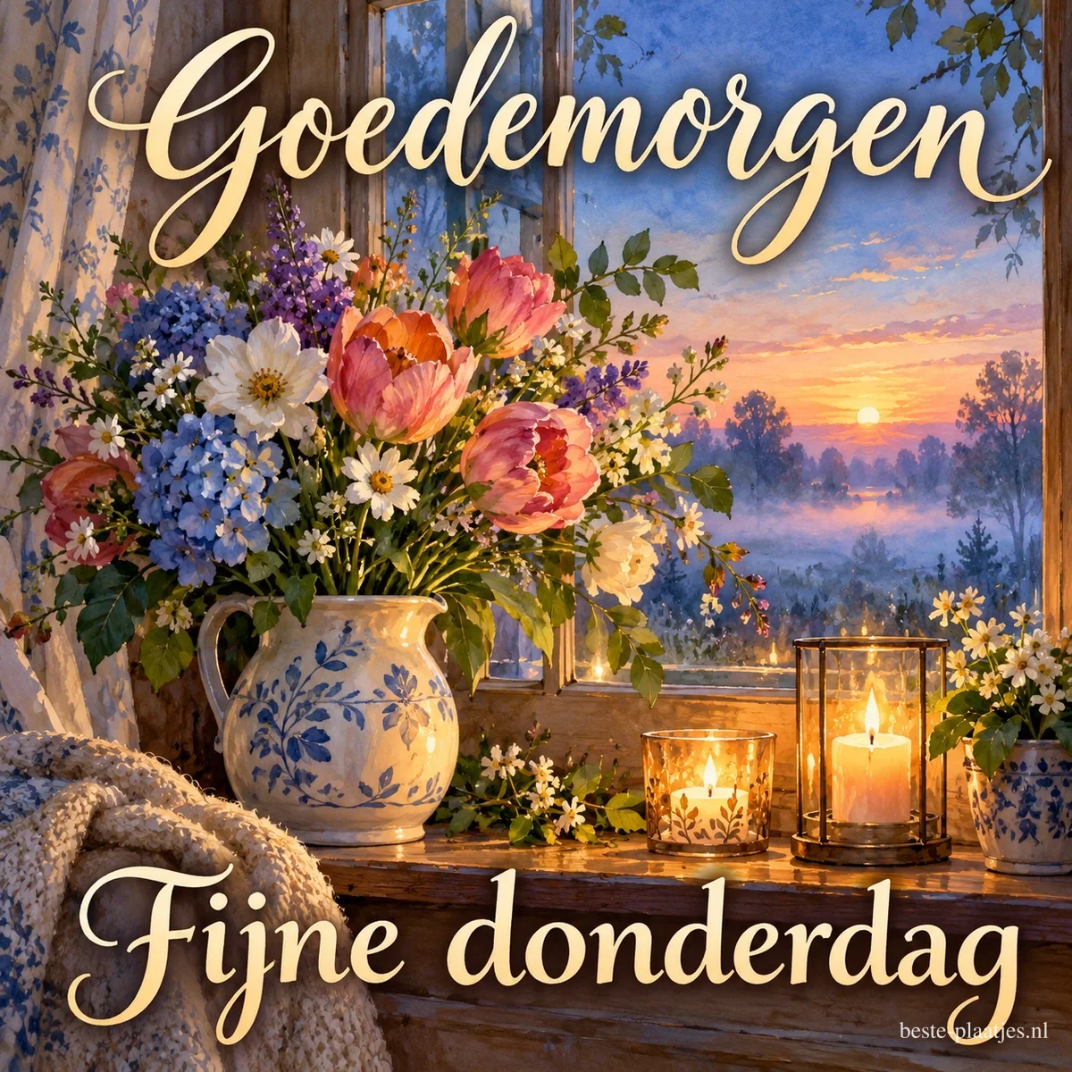 Een Delfts blauwe kan met tulpen, hortensia en anemonen naast brandende kaarsen bij een raam met ochtendmist, met de tekst Goedemorgen en Fijne donderdag.