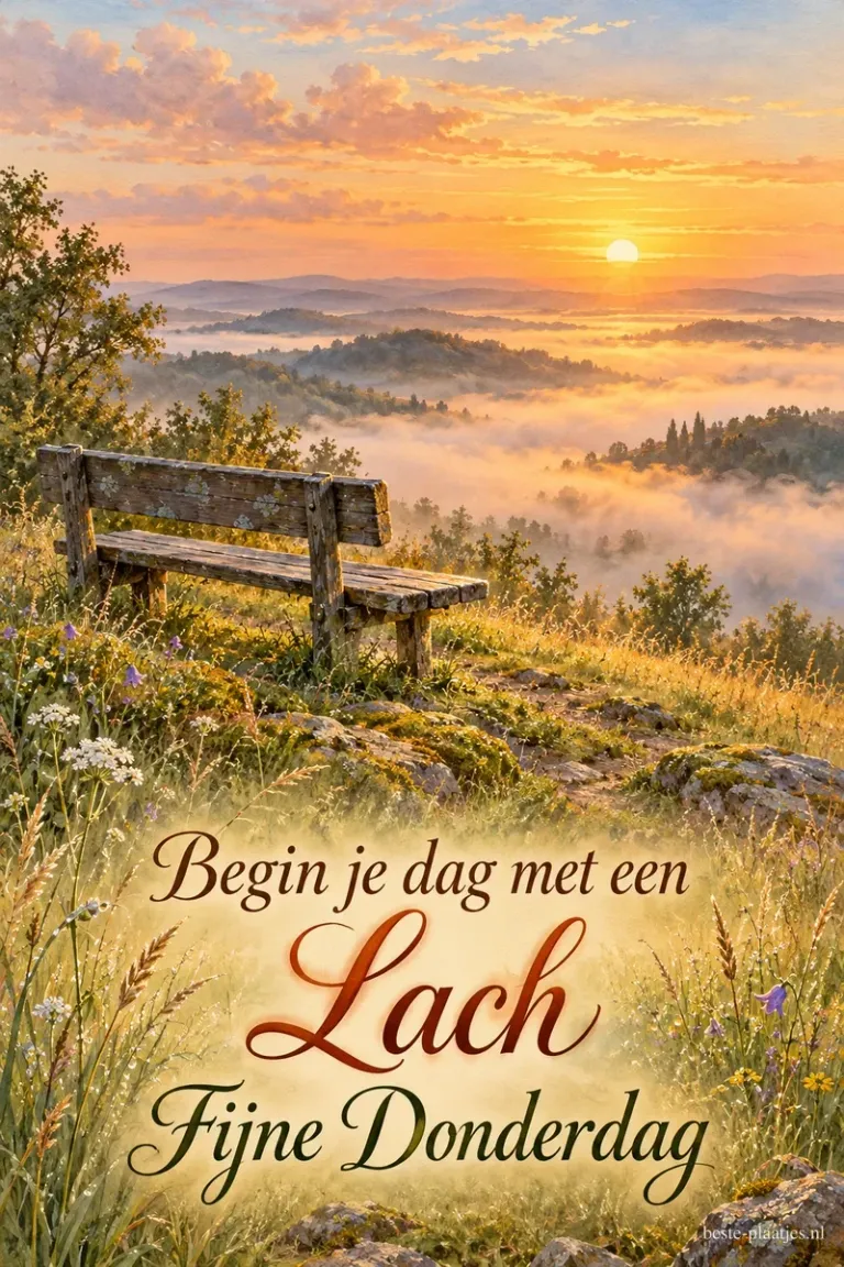 Een houten bank staat tussen grassen en bloemen boven een mistig dal bij zonsopkomst, met de tekst Begin je dag met een Lach Fijne Donderdag.