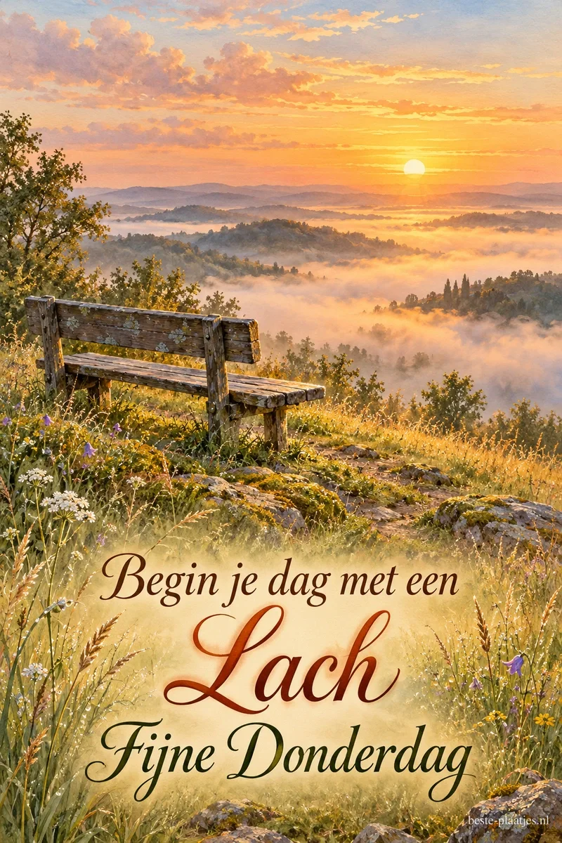 Een houten bank staat tussen grassen en bloemen boven een mistig dal bij zonsopkomst, met de tekst Begin je dag met een Lach Fijne Donderdag.