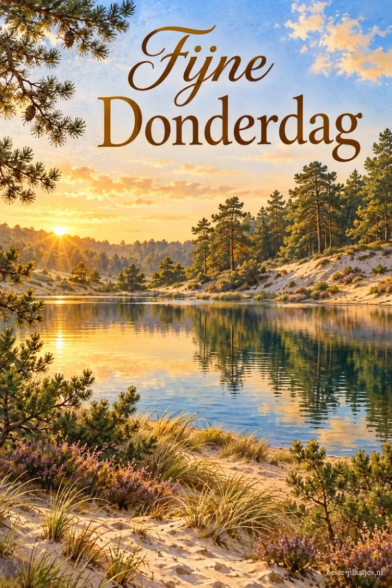 Een rustig meer weerspiegelt dennenbomen en de opkomende zon, met zand, grassen en paarse heide op de voorgrond en bovenaan de tekst Fijne Donderdag.